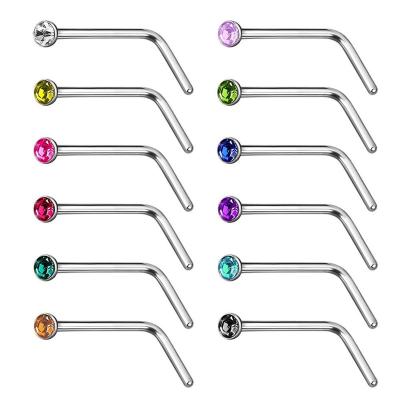 China Punk Stainless Steel L Shape Nose Stud 20G Pack Crystal Straight Nose Ring Set Nose Stud Hex Piercing Nariz Pin for sale