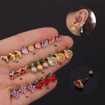 China Cute Stainless Steel Cartilage Labret Jewelry Cherry Orange Helix Labret Piercing Cute Summer Color CZ Fruit Stud Earrings for sale