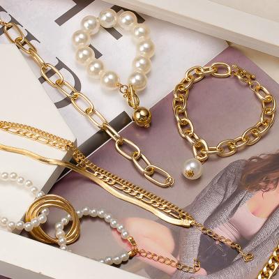 China Hiphop gold bead bracelets for women fashion multilayer beaded chain bracelets set charm bangle bracelets jewelry punk for sale