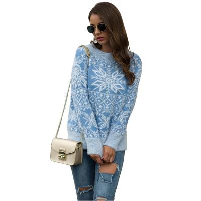 China Anti-wrinkle 2021 Autumn Winter Christmas Snowflake Sweater Ladies Soft Round Neck Pullover Sweater for sale