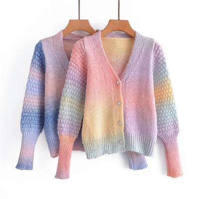 China Anti-wrinkle women's clothing 2021 color spliced ​​button cardigan for women's soft soft gradient style lazy sweater for sale