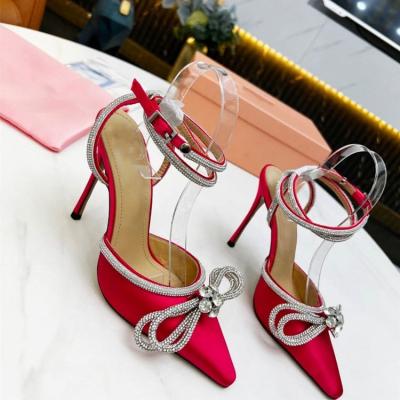 China Crystal Bow Fairy Pointed Dress Waterproof Party Ankle Strap Women Rhinestone Pumps High Heel Casual Walking Shoes Chunky Women Sandals for sale