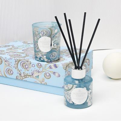 China Luxury Wholesale Blue Green Wedding Favors Luxury Aromatherapy Scented Candle and Tubular Diffused Glass Jar Soy Wax Decoration Gift Set for sale