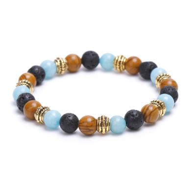 China FASHIONABLE Natural Stone Beaded Stone Volcanic Stone Wood Grain Bracelet Couple Friendship Bracelet for sale