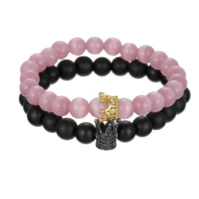 China New Arrival TRENDY Pink Cat Eye Stone With CZ Crown Stone Bracelet, Onyx Bead Stone Bracelet Couple For Lovers for sale