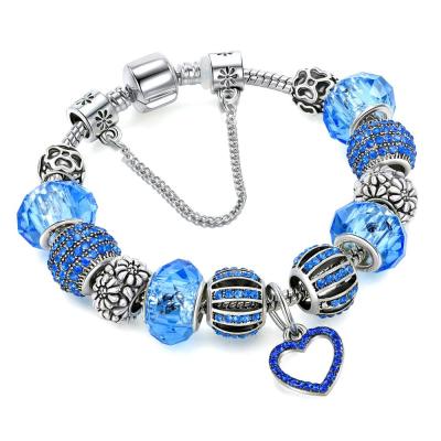 China Best TRENDY Gifts for Girls Crystal Bling Charm Bracelet Hollow blue Diamond Heart Charm Bracelet for sale