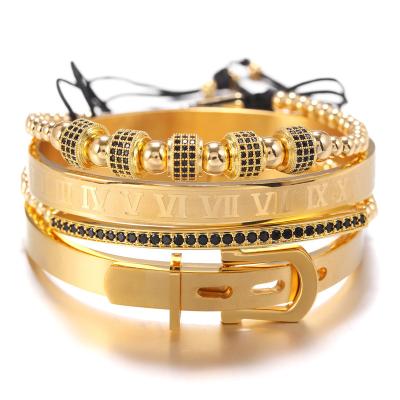 China TRENDY Fashion Gold Plated Belt Bracelet Roman Numerals Engraved Bangle CZ Crown Braided Men's Bracelet for sale