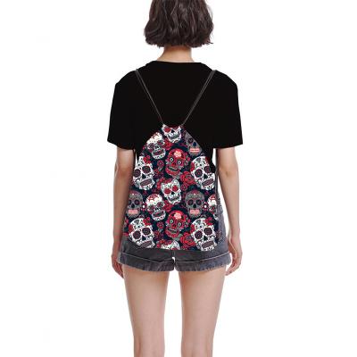 China New Fashion Wholesale Reusable Customized Skull Sublimation Printing Drawstring Bag Women Polyester String Backpack for sale