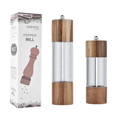 China Salt and Pepper Grinder Set Acacia Wood Pepper Grinder Set Professional Glass Transparent Manual Pepper Mills for sale