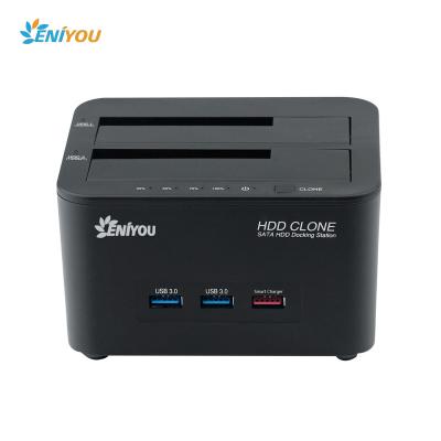 China Dual Bay Plastic USB 3.0 to SATA HDD Hard Drive Clone Docking Station with USB 3.0 Left Fast Charging and 1 of 2 Ports for sale