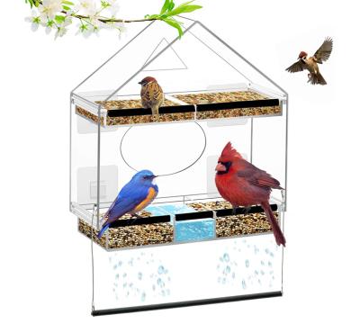 China BSCI Factory Sustainable House Shaped Rroof Window Bird Feeder Double Sliding Acrylic Window Bird Feeder Tray Bird Feeder for sale