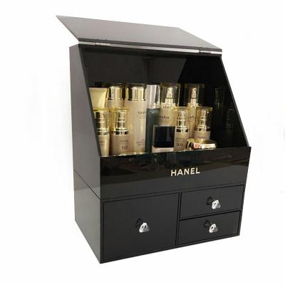 China Fashion BSCI Factory M&E Classic Black Acrylic Make Up Cosmetic Organizer Display Box With 3 Drawer For Cosmetic Organization for sale