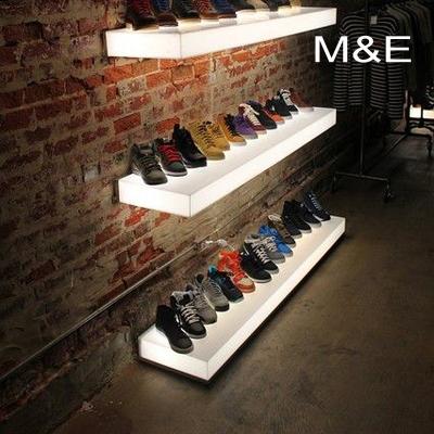 China BSCI factory retail department eco-friendly exhibitor led lighted wall mounted acrylic shoe display for shop decoration for sale