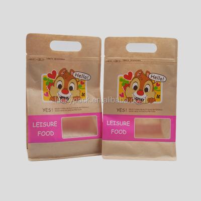 China Food Grade Moisture Proof Handle Top Prints Printed Kraft Paper Flat Bottom Ziplock Bag for sale