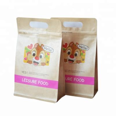 China Food Handle Top Hole Engravings Printed Recyclable Paper Square Bottom Packaging Plastic Bag for sale