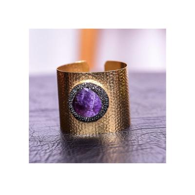 China Africa Fashion Jewelry Gold Plated Alloy Stone Amethyst Quartz Cuff Bangle Bracelet for sale