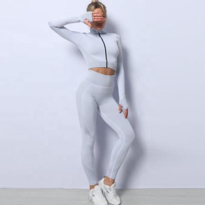 China Breathable yoga sets fitness women gym fitness sets clothes sporty wear gray solid color yoga clothes for sale