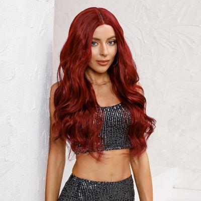 China Body Wave long style natural color heat resistant fiber hair synthetic lace front wig natural red synthetic wigs for sale