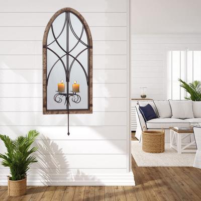 China Eco-friendly simple wood wall mirror frame decoration candlestick metal window farmhouse white washed mirror for sale