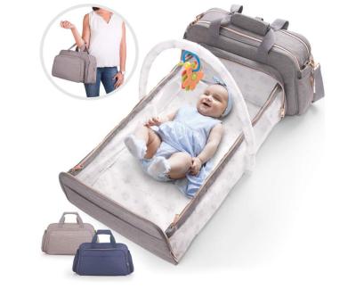 China Functional Backpack Gray Blue 4-in-1 Baby Diaper Bag Lightweight Convertible Bed for sale