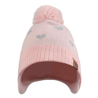 China Winter COMMON Pink Warm Hat Kids Heart Polyester Earflap Baby Hat Acrylic Pompom Knitted Beanie For Kids for sale