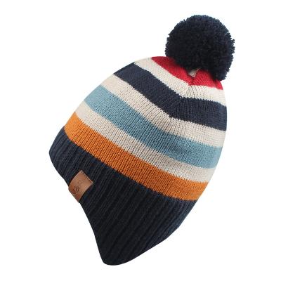 China COMMON Cute Solid Pompom Kids Hats in Winter Boys and Girls 100% Ski Beanie Baby Knitted Stripe Hat Acrylic Unisex for sale