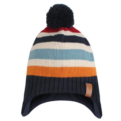 China Winter Acrylic Beanie Knitted Hat Polyester Baby Boy Girl COMMON Stripe Earflap Hat With Pom Pom For Unisex Kids for sale