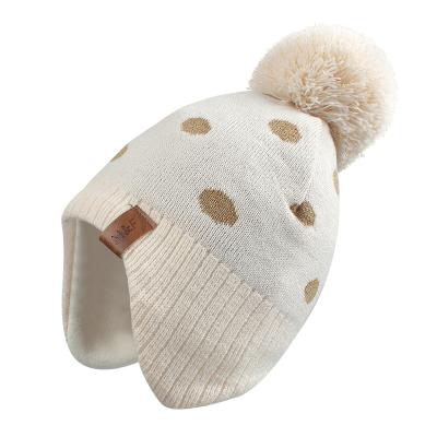 China COMMON Dots Winter Hat Kids Unisex Acrylic Polyester 100% Warm Beanie Knitted Earflap Hat With Pom Pom Boys Girls for sale