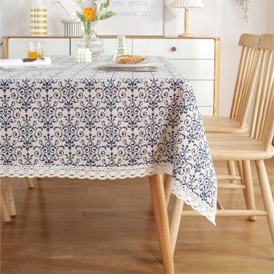 China Disposable geometric blue tablecloth with white lace shape custom tablecloths for sale