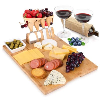 China Amazon Sustainable Hot Bamboo Cheese Cutting Board Set Square Bamboo Durable Cheese Board With Tools for sale