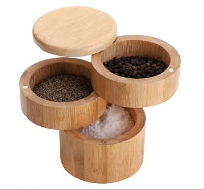 China Sustainable Bamboo 3-Tier Triple Salt Box Salt Container With Magnetic Swivel Lid Around Seasoning Box for sale