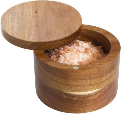 China Sustainable Eco Friendly Wooden Salt Container Wooden Spice Box With Swivel Lids, Seasoning Box for sale