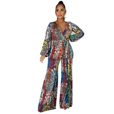 China 2021 Spring New Women's Breathable Fashion Printed Pants Long Sleeve Overalls Flare Wide Leg Pants for sale