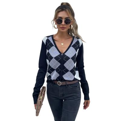 China 2021 Winter Spring Plaid V-Neck Breathable Cardigans Women's Sweaters Button Up Plaid Sweater Tops for sale