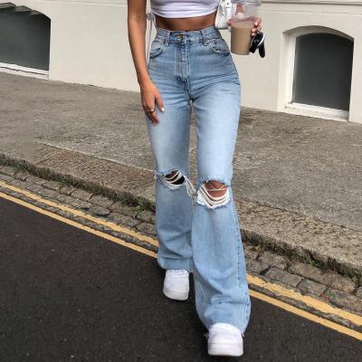 China QUICK DRY wide-leg ladies denim pants ripped casual pants denim flared pants streetwear women distressed jeans for sale