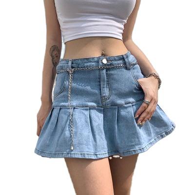 China Women Breathable Jeans Skirts High Waist Pleated Zipper Mini Skirts Summer New Pop Streetwear Skinny Blue Bottom Skirt for sale