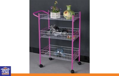 China Pink PE Coated Tube Home Storage Racks with White Wire and Wheels 3 Tiers for sale