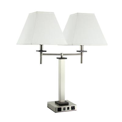 China 2015 Modern New Modern Hotel Table Lamp Brushed Nickel Finish Fabric Shade Square Desk Lamp With Outlet Switch And Can Add USB Port for sale