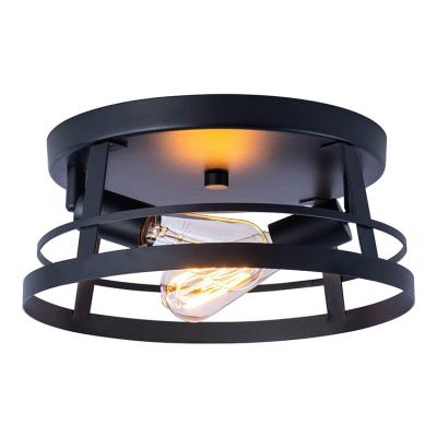 China New Industrial Round Ceiling Lamp 2-Lights Farmhouse Flow Mount Ceiling Light Fixture Round Cage With Metal Frame Black Finish for sale