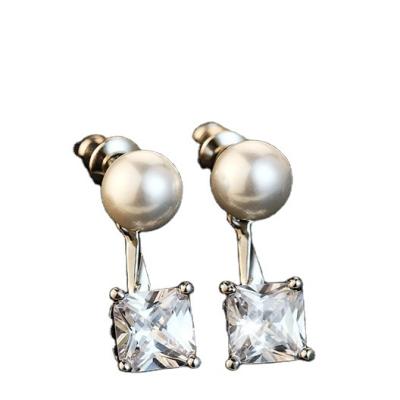 China Japanese and Korean Korean simple back-mounted zircon pearl earrings silver stud earrings women's environment-friendly silver jewelry for sale