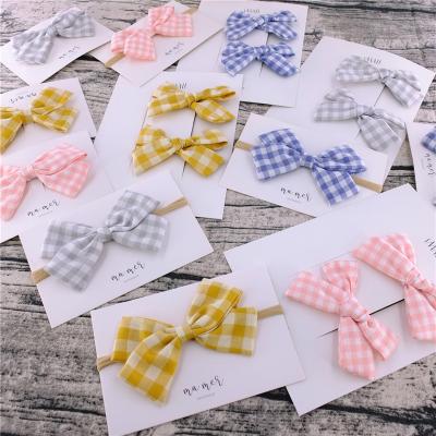 China Soft Plaid Hair Bow Clips Stretch Nylon Headband For Toddler Babies Hair Accessories Headbands Hair Clips Customize Packaging for sale