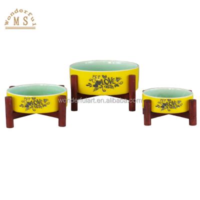 China Customized Viable Ceramic Geometry Pet Water Bowls With Wooden Stand Porcelain Flower Heart Shape Cat/Lotus Dog Food Feeder Dishes for sale