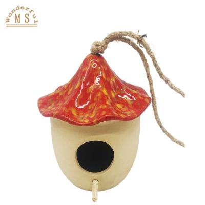 China Porcelain Cartoon Mushroom Fruit Strawberry Geometry Pet Bird Food Feeder Bowl House Viable Ceramic Nest for sale