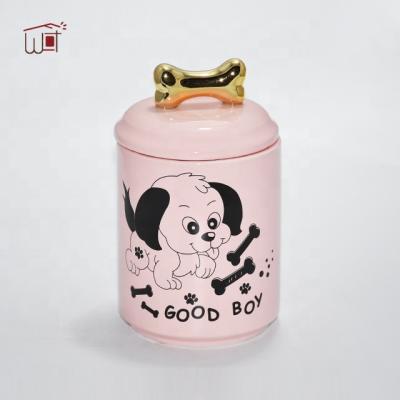 China Pink Viable Cylinder Dog Design Ceramic Pet Food Container, Dog Treat Jar, Pet Treat Jars for sale