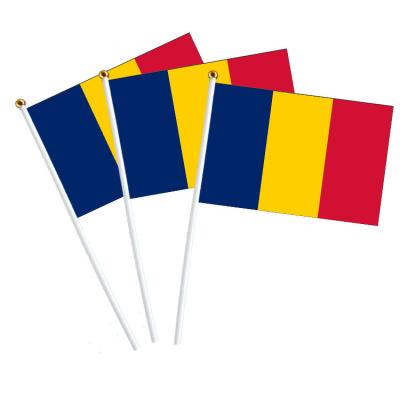 China Waterproof Good Quality Custom All Countries Romania Hand Flag With Plastic Pole for sale