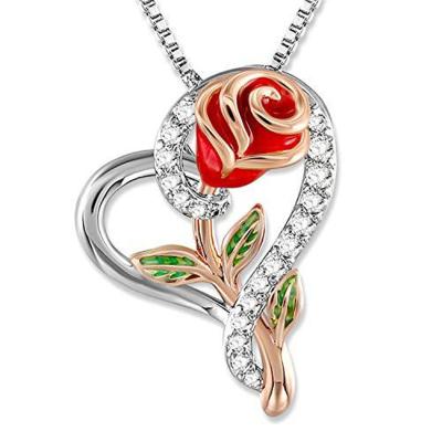 China Female Heart Rose Flower Pendant Necklace Fashion Crystal Wedding Necklace For Women Rose Gold Necklace Elegant Fashion Charm for sale