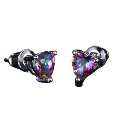 China TRENDY Mystic Rainbow Crystal Love Heart Earrings For Women Silver Color Blue Green Stone Wedding Stud Earrings Valentine Jewelry for sale