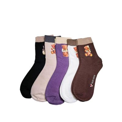 China Cotton 83% 14.8% 2.2% Polyester Fiber Spandex Cute Fashion Pattern Cartoon Ladies Knock Tube Women's Medium Socks for sale