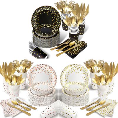 China Luxury Decorations Kit Party Tableware Set Morden Rose Gold Happy Cutlery Birthday Supplies for sale