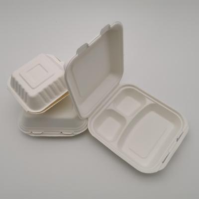 China Bagasse Microwavable Box Lunch 3 Compartment Food Container Disposable Meal Prep Containers Attached Lid Biodegradable Containe for sale